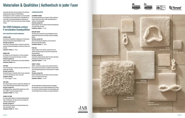 „Übersicht der neun Materialqualitäten der JAB ICONS Kollektion – von Essential Wool bis Pure Silk, mit strukturierter Oberfläche und brillanten Glanzgarnen.“